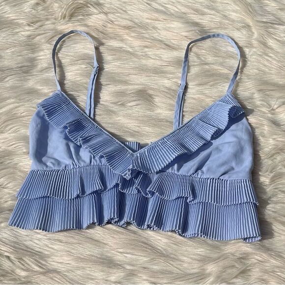 Zara Ruffle Tiered Pleated Cropped Top in Light Blue | XS - Picture 6 of 8